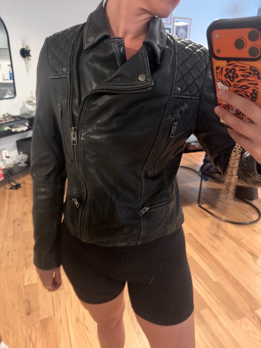 AllSaints Black Leather Cargo Biker Moto Jacket